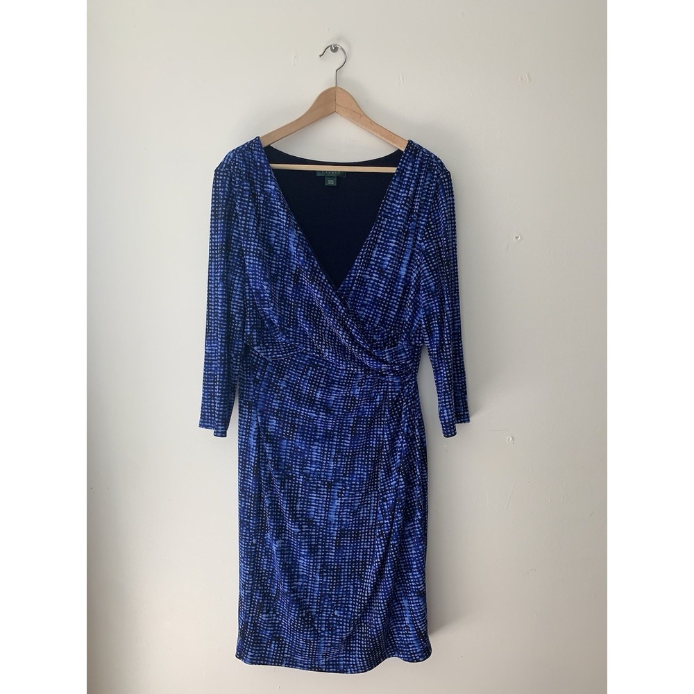 Lauren Ralph Lauren Print Faux Wrap Dress Slinky Stretch Blue Hourglass Vneck